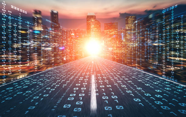 istock Digital data flow on road with motion blur to create vision of fast speed transfer 1304415489