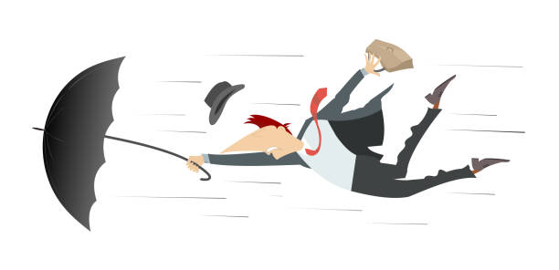 istock Windy day and man flies with umbrella illustration. 1304415656