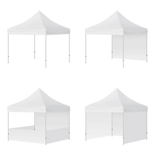 흰색 배경에서 격리된 측면 뷰가 있는 텐트 모형 표시 - canopy stock illustrations
