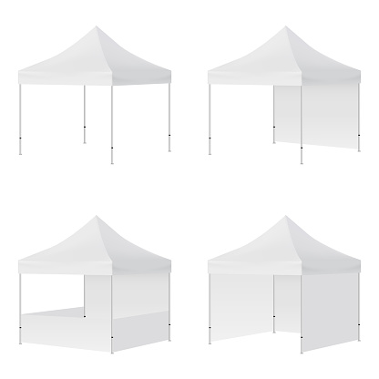 Display Tents Mockups with Side Views Isolated on White Background. Vector Illustration