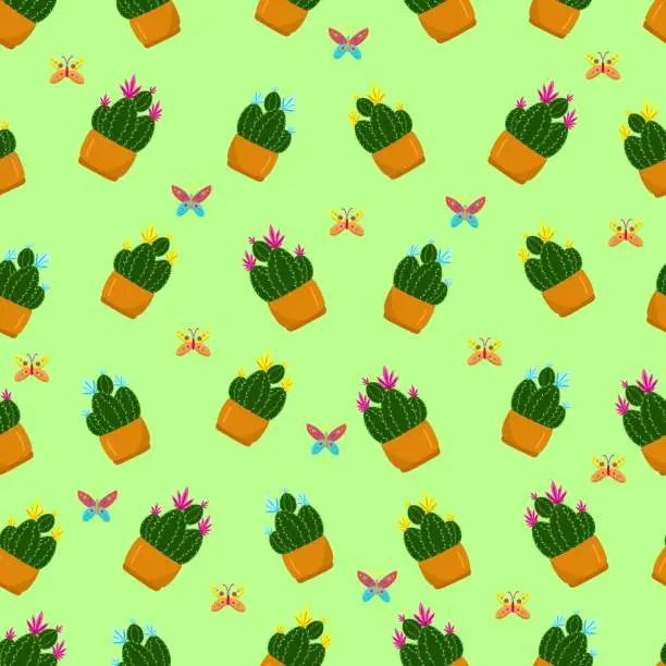 Vector illustration of Seamless pattern with different flowers in pots, Multicolored cacti in pots,cute baby print, floral spring pattern in cartoon styl, hand draw, vector.