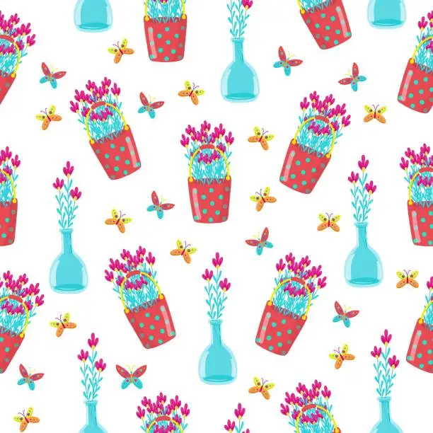Vector illustration of Seamless pattern with different flowers in pots, cute baby print, floral spring pattern in cartoon styl, hand draw, daisies in red bucket, vector.