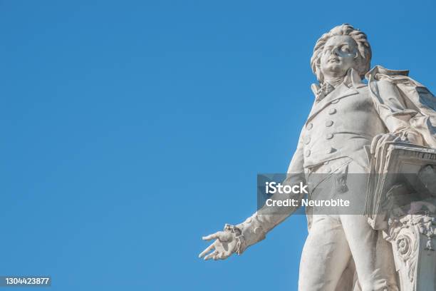 Warm Sunset Over Mozart Monument In Front Of Palmenhaus Near Neue Burg And Hofburg Palaces Garden In Historical Downtown Of Vienna Austria At Sunny Day Blue Sky With Copy Space For Text Details Stock Photo - Download Image Now