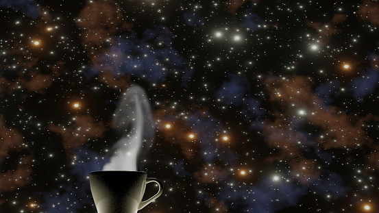 White steam over a coffee cup with starry night background (3D Rendering)