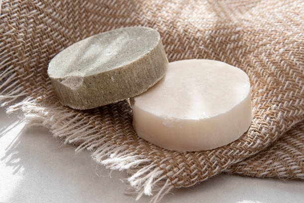 Ecological organic soap and solid shampoo in the bathroom
