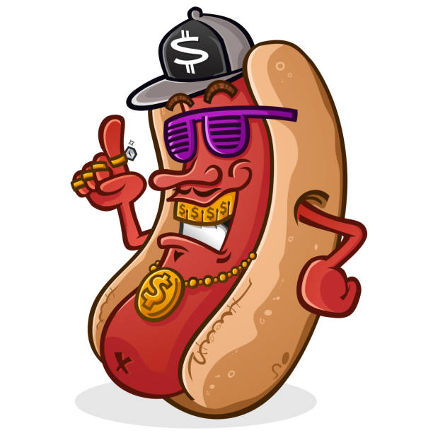 Hot Dog Hip Hop Rapper Cartoon Character A cool urban hip hop rapper hot dog cartoon with a grill, flat brimmed cap and stunner shades with a gold medallion diamond ring clipart stock illustrations