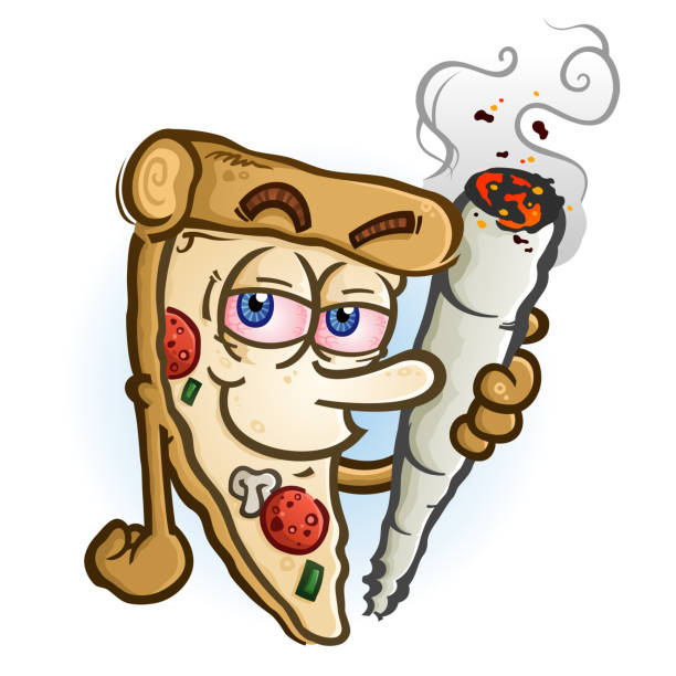 Pizza Joint Cartoon Character A hot delicious slice of pizza cartoon character holding a big rolled marijuana joint blunt stock illustrations
