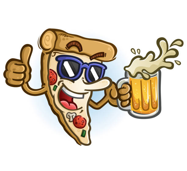 ilustrações, clipart, desenhos animados e ícones de desenho animado de pizza usando óculos escuros segurando cerveja - pizza pastry crust oven meat