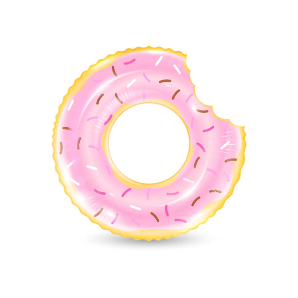 istock Inflatable ring looking like donut isolated on white background. Realistic colorful rubber swimming buoy. Vector illustration of top view at pool floater in glazed doughnut shape, beach toy 1304428317