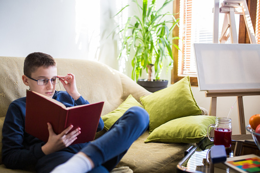 Cute boy wearing glasses reading book on couch, homeschooling concept