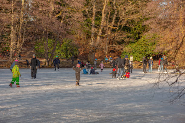 pessoas patinando em um lago congelado em slottsskogen. - desporto de competição nível desportivo - fotografias e filmes do acervo