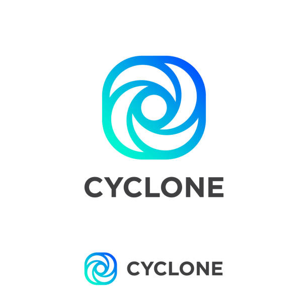 illustrazioni stock, clip art, cartoni animati e icone di tendenza di emblema ciclone. icona semplice con sfumatura blu. - cyclone