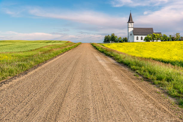 윌로우 번치 근처 그랜드 밸리 루터 교회로 이어지는 자갈 길, sk - saskatchewan country road road prairie 뉴스 사진 이미지