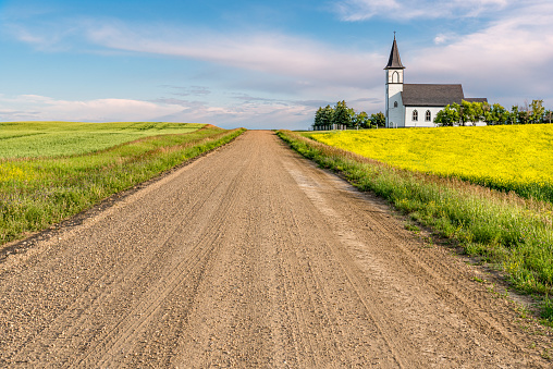 Gravel road leading to Grand Valley Lutheran Church near Willow Bunch, SK