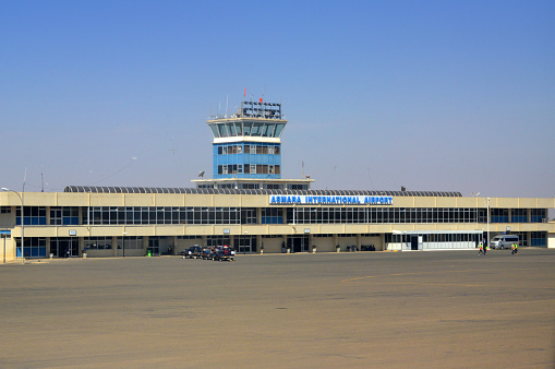 Asmara, Eritrea: Asmara International Airport, former Aeroporto di Gura / Umberto Maddalena - hub for the Eritrean Airlines - main terminal and air traffic control tower, air side view.