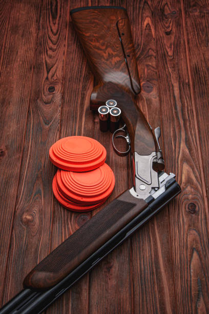 istock Clay target plates for shooting with rifle on wooden background. 1304435586