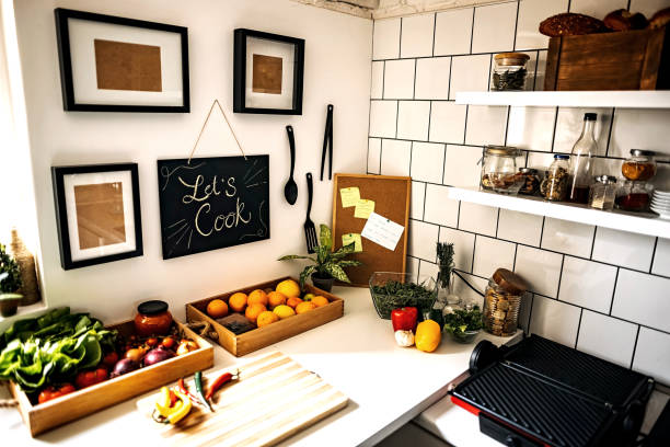Modern kitchen Modern kitchen in boho style The Secrets to Achieving a Fresh Kitchen decoration stock pictures, royalty-free photos & images