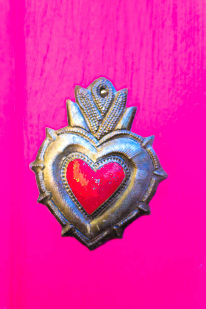 Antique Tin Milagros Heart, Pink Background