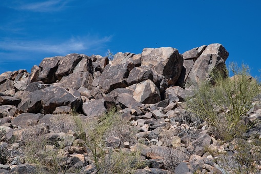 Prehistoric rock carvings or petroglyphs on Signal Hill hiking trail in National park.
