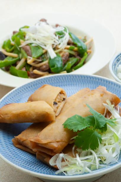 istock Stir-fried shredded beef and peppers and spring rolls 1304447856