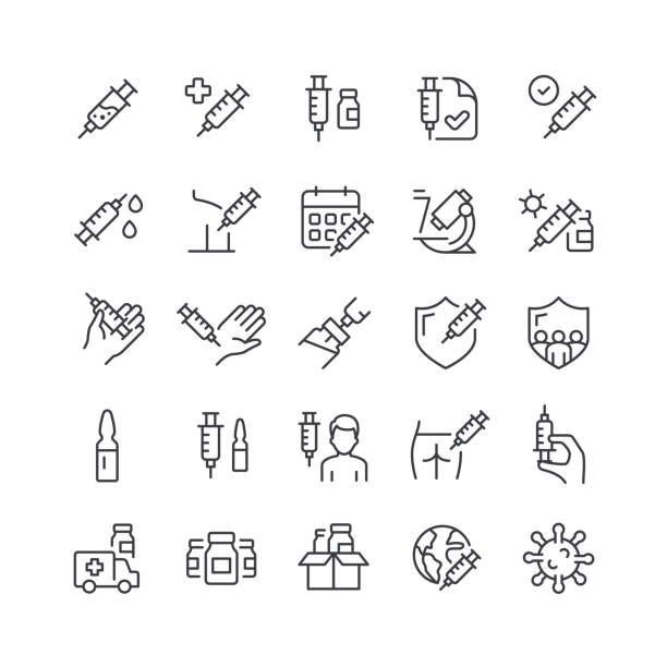 Vaccine Line Icons Editable Stroke Set of vaccine line vector icons. Editable stroke. Thin line version. vaccination stock illustrations