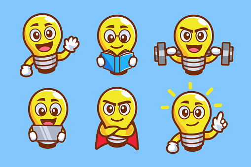cartoon character light bulb in various pose collection set