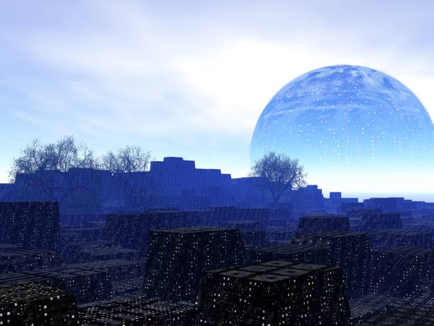 istock Fantastic landscape of Mechanized City and Sphere 1304455927
