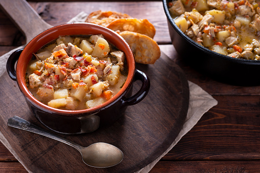 Bowl of Hearty Potato Chicken Soup with Bacon
