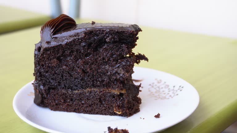 closeup eating a chocolate cake with a spoon