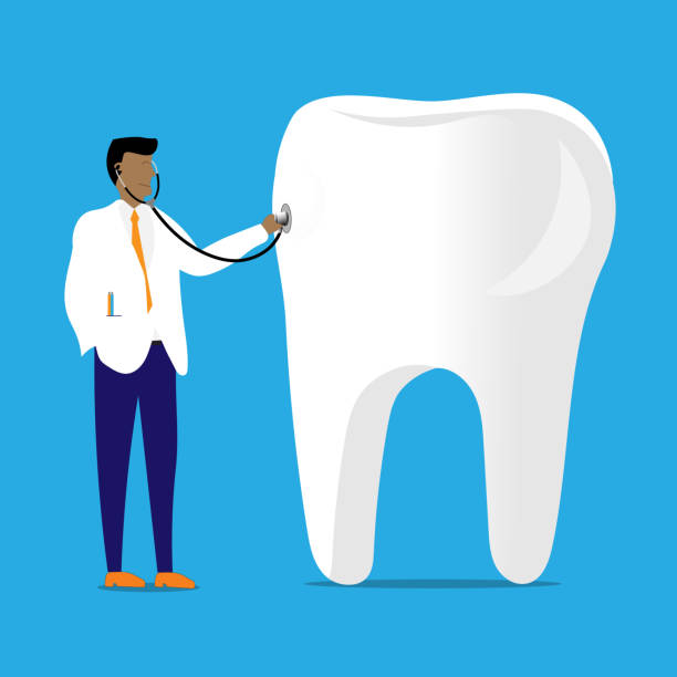 Examining tooth Dentist uses stethoscope to examine a tooth, symbolizing a dental exam. black man brushing teeth stock illustrations