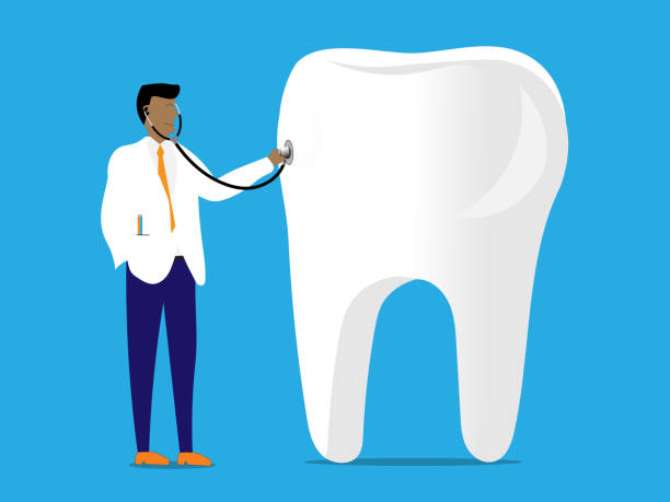 Examining tooth Dentist uses stethoscope to examine a tooth, symbolizing a dental exam. black man brushing teeth stock illustrations