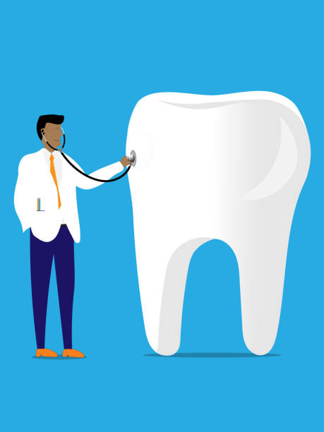 Examining tooth Dentist uses stethoscope to examine a tooth, symbolizing a dental exam. black man brushing teeth stock illustrations