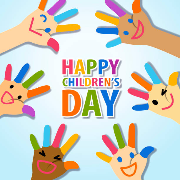 Children’s Day Painted Fingers Group of multi-ethnic hands raised up with painted fingers and smiling face on palm to celebrate the Children's Day childrens rights stock illustrations
