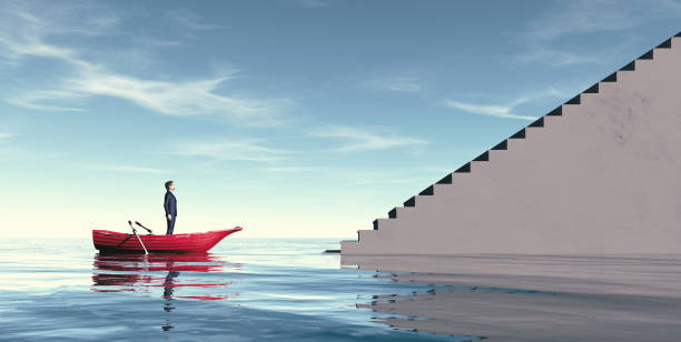 istock Man in a boat looking at stairs . Growth and self development concept . This is a 3d render illustration . 1304472433
