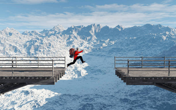 Man jumps over a gap of a bridge . This is a 3d render illustration Man jumps over a gap of a bridge . This is a 3d render illustration ravine stock pictures, royalty-free photos & images