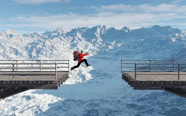 Photo of Man jumps over a gap of a bridge . This is a 3d render illustration