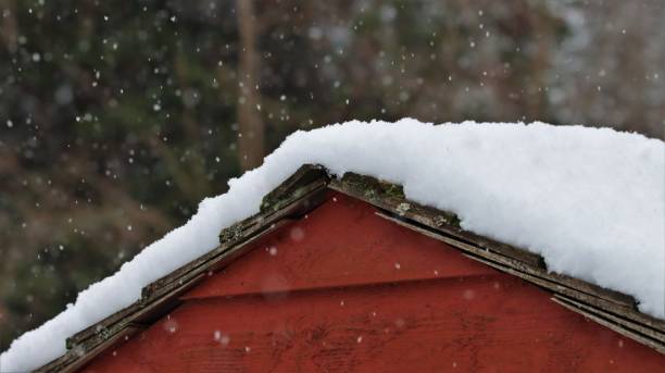 istock snowing falling on a snowcapped roof 1304477566