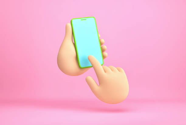 ピンクの背景にスマートフォンと漫画の手 - 3d イラスト ストックフォトと画像
