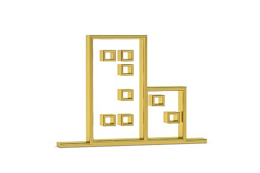 Golden 3d apartment blocks icon isolated on white background - 3D render