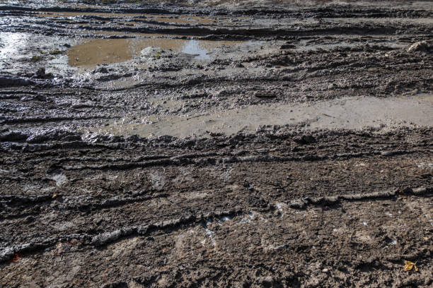 istock dirty clay mud road with tire tracks at day time - full frame background with hard sun light 1304483541