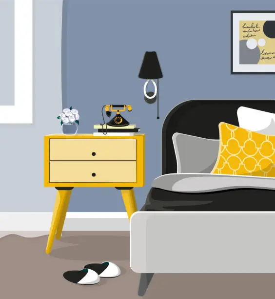 Vector illustration of A bedside table on which there are books flowers and a retro phone. Modern bright design of the room in yellow and black shades.