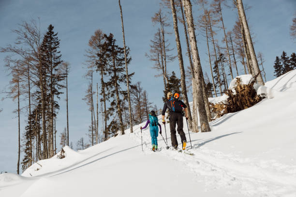 istock Back view of active couple ski touring on a sunny day 1304484901