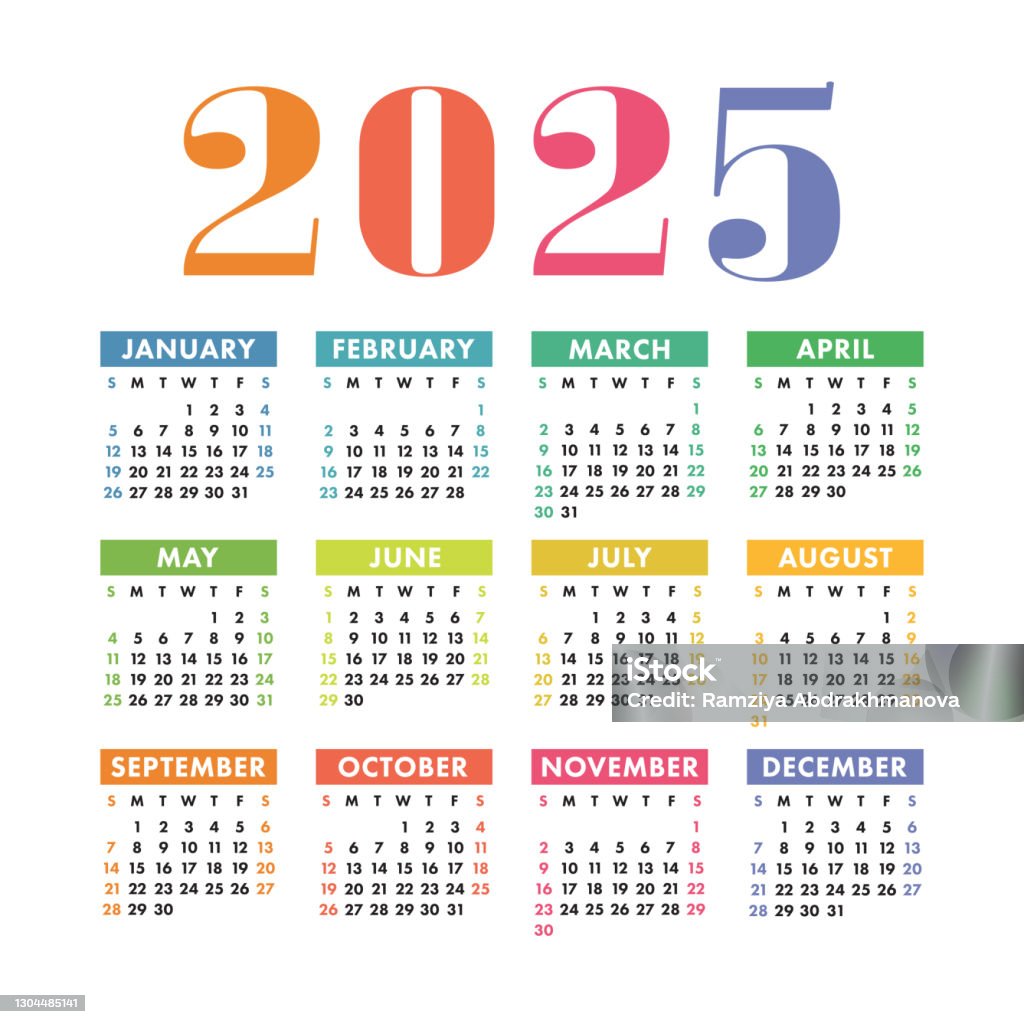 달력 2025 년 영어 다채로운 벡터 사각 벽 또는 포켓 캘린더 템플릿 디자인 새해 일요일부터 시작되는 주 2025년에 대한 ...