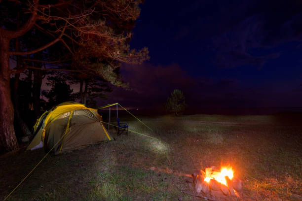 istock camping tent and bonfire by the sea at night 1304488496