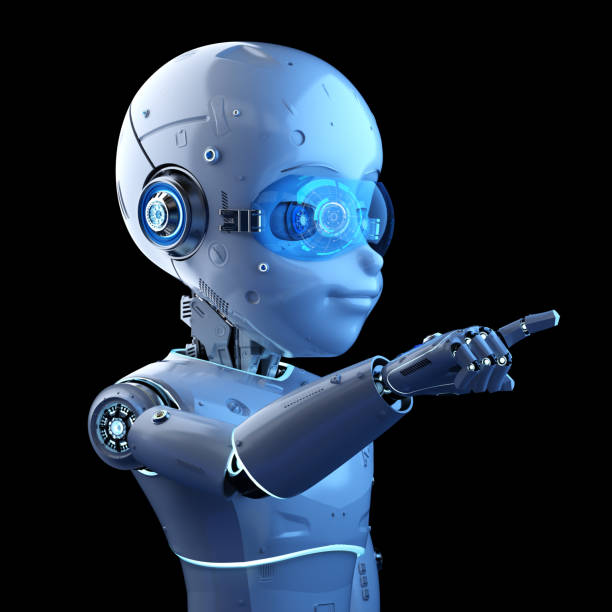 istock Cute robot with cartoon character finger point 1304488584