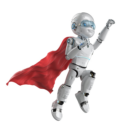 Cute Robot With Cartoon Character Wear Red Cloak Stock Photo - Download  Image Now - Superhero, Toy, Achievement - iStock