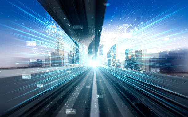 istock Digital data flow on road with motion blur to create vision of fast speed transfer 1304488935