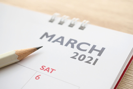 March month on 2021 calendar page with pencil business planning appointment meeting concept