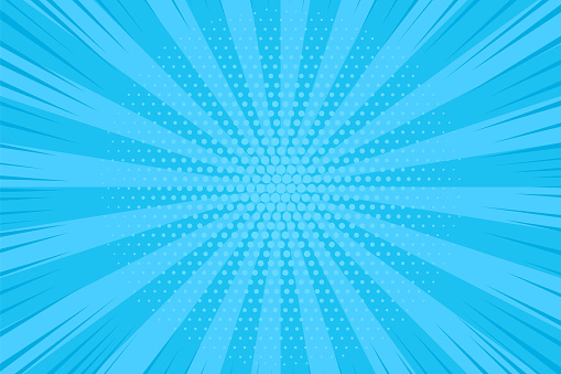 Pop art halftone background. Comic starburst pattern. Cartoon retro sunburst effect. Blue banner with dots and rays. Vintage duotone texture. Vector illustration. Superhero wow banner.