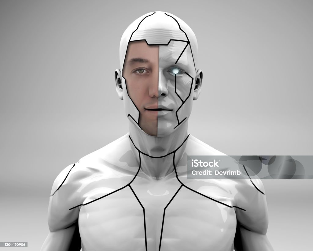 Armored Superhero Man dressed in robotic armor is looking at the camera. In the near future, we will see super strong people with robot armor for use in the military and security forces. Cyborg Stock Photo